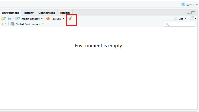Screenshot of RStudio showing the empty global environment.